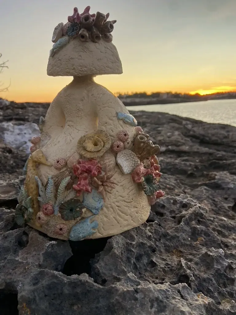 Menina sobre las rocas, al atardecer